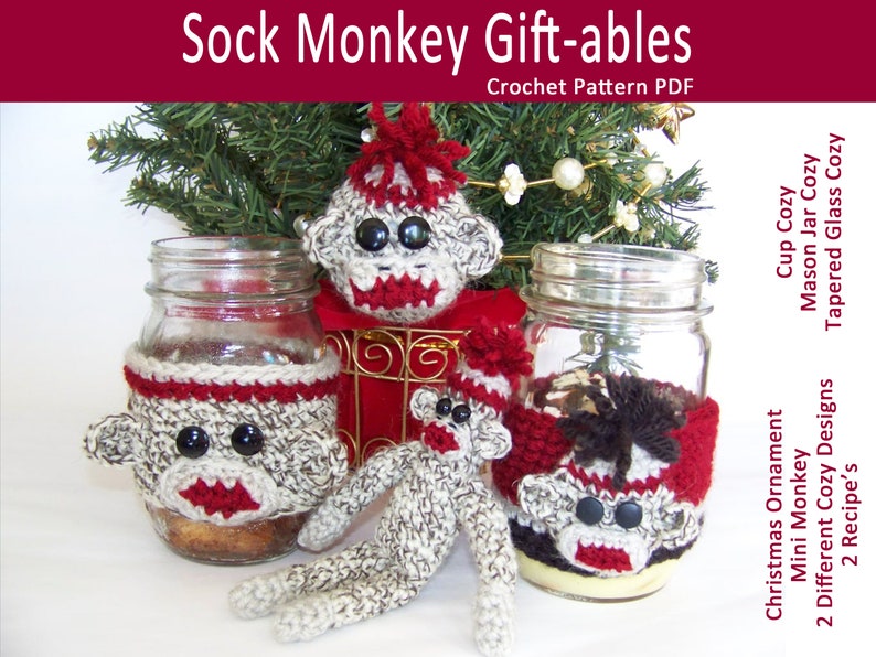 Sock Monkey Toys and Gifts: 2 Cup Cozy Designs, Christmas Ornament, Stuffed Animal Crochet Pattern Cozy for Mason Jar Mug Tapered Glass image 1