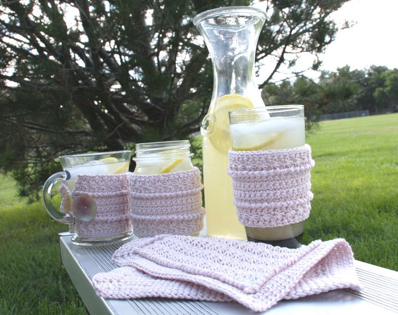 Dishcloth and Cup Cozies CROCHET PATTERN PDF Star Stitch Tapered Glass, Mug, Mason Jar cup cozy and Dishcloth Set dish cloth dish rag image 3