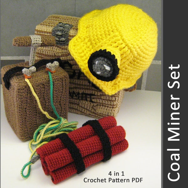 Coal Miner Helmet and Mining Set Crochet Pattern hard hat, dynamite, blasting box and acme storage box, great playtime and Halloween costume