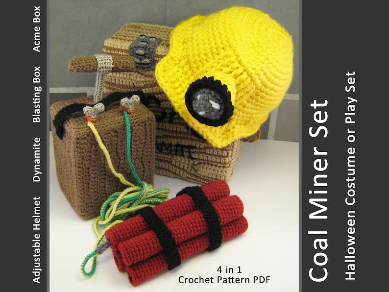 Coal Miner Helmet and Mining Set Crochet Pattern hard hat, dynamite, blasting box and acme storage box, great playtime and Halloween costume image 1