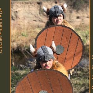 Patrón de crochet para sombrero y casco vikingo (PDF) - Talla única - Niños, preadolescentes, adolescentes y mujeres con instrucciones para el escudo de cartón