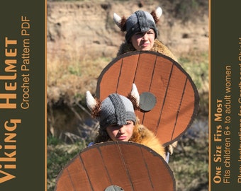 Patrón de ganchillo de sombrero de casco vikingo PDF - Talla única - Niño, preadolescente, adolescente, mujer con instrucciones para escudo de cartón