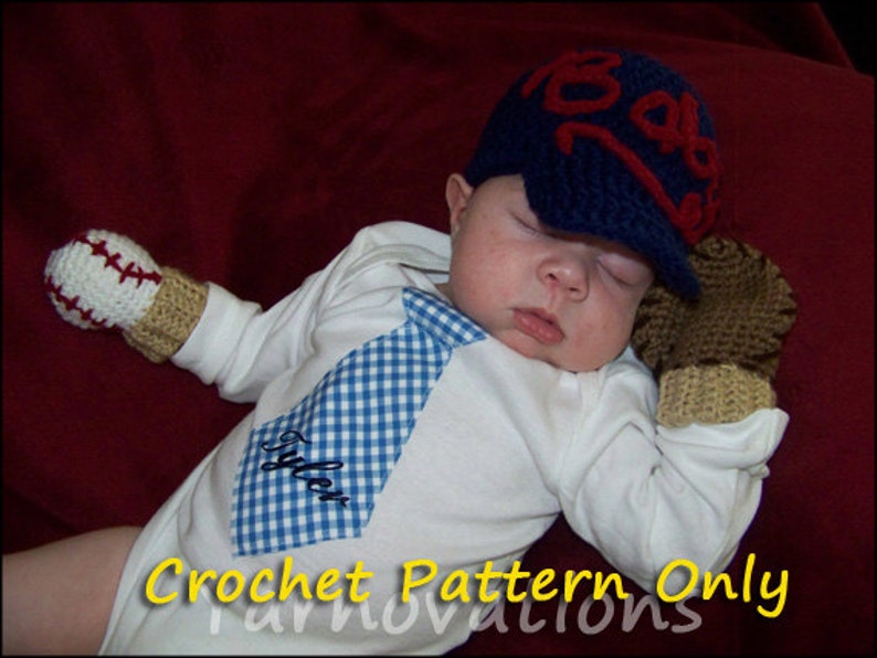 Baseball Crochet Newborn Outfit Baseball Cap Hat, Mitts Mittens, Bib Crochet Pattern image 3