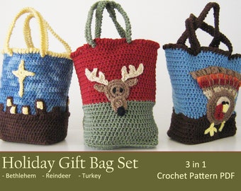 Holiday Gift Bags for Thanksgiving and Christmas - Purse Crochet Pattern PDF Bethlehem Reindeer Turkey