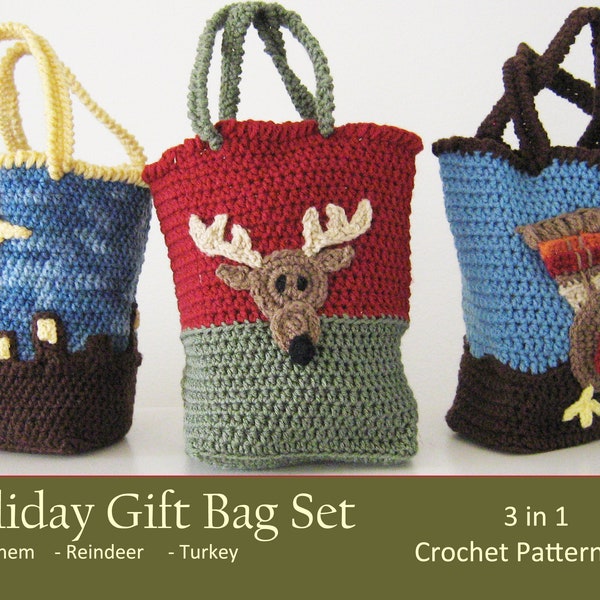 Bolsas de regalo para Acción de Gracias y Navidad - Patrón de monedero de crochet en PDF con diseño de pavo y reno de Belén