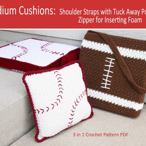 Stadium Cushions 3 in 1 Crochet Pattern PDF Football and Baseball Stadium Seat Cushions and Baseball Pillow Zipper Shoulder Strap image 2