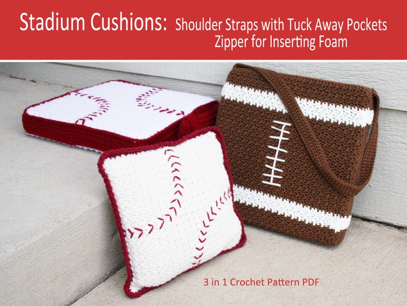 Stadium Cushions 3 in 1 Crochet Pattern PDF Football and Baseball Stadium Seat Cushions and Baseball Pillow Zipper Shoulder Strap image 2