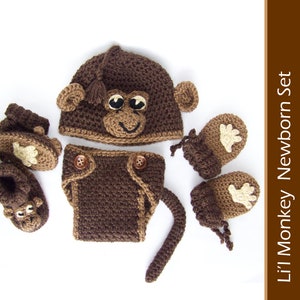 Li&#39;l Monkey Hat, Diaper Cover, Booties, Mitts for Newborn and Preemie - crochet pattern pdf