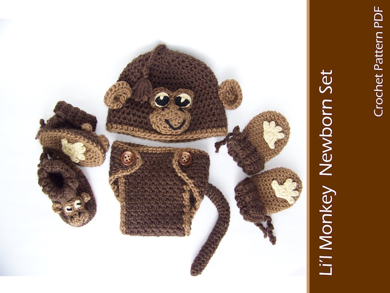 Li'l Monkey Hat, Diaper Cover, Booties, Mitts for Newborn and Preemie crochet pattern pdf image 1