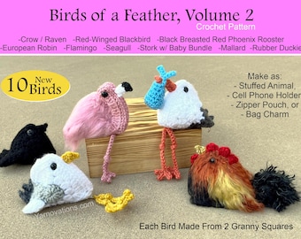 Birds of a Feather Vol. 2 Granny Square Rooster Crow Seagull Mallard Rubbery Duckie Flamingo Stork also Zipper Pouch or Cell Phone Holder