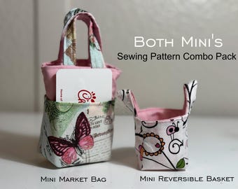 May include: Two small fabric bags. The Mini Market Bag has a pink interior and a butterfly print exterior. The Mini Reversible Basket has a pink interior and a floral print exterior. Text on the image reads "BOTH MINI'S Sewing Pattern Combo Pack".
