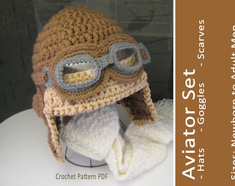 Aviator Costume - Crochet Pattern PDF Hat Goggles Scarf baby child boy girl men women teen tween man womanWinter Hat or Halloween Costume