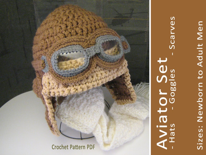 Aviator Costume Crochet Pattern PDF Hat Goggles Scarf baby child boy girl men women teen tween man womanWinter Hat or Halloween Costume image 1