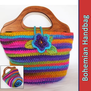 Bohemian Handbag crochet pattern bag with wooden handles and flower button Plus Bonus Purse Pattern image 1