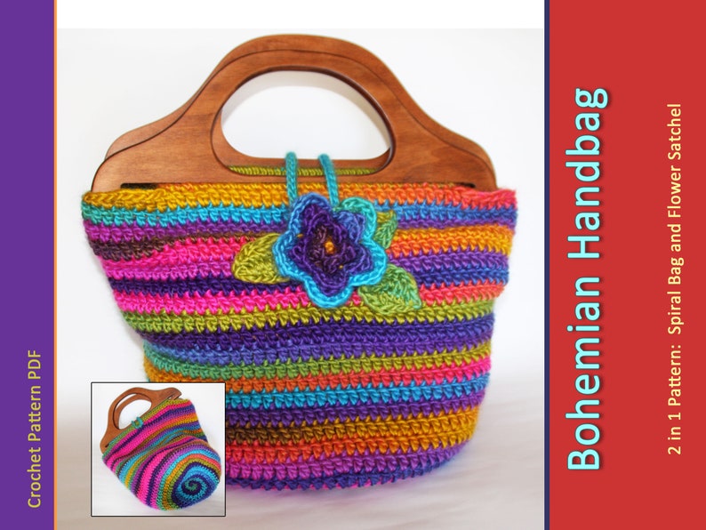 Bohemian Handbag crochet pattern bag with wooden handles and flower button Plus Bonus Purse Pattern image 1