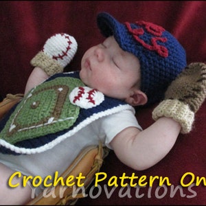 Baseball Crochet Newborn Outfit Baseball Cap Hat, Mitts Mittens, Bib Crochet Pattern image 4