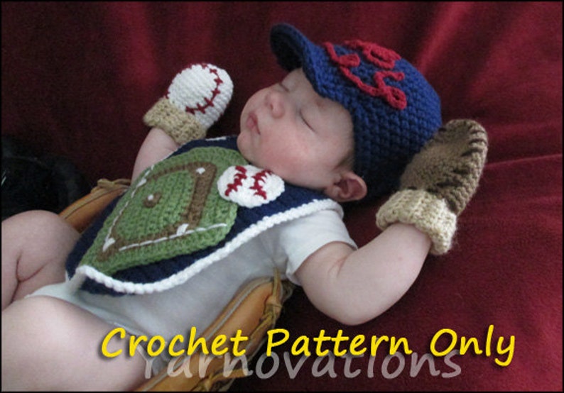 Baseball Crochet Newborn Outfit Baseball Cap Hat, Mitts Mittens, Bib Crochet Pattern image 4