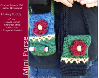 Mini Purse with Flower Button - CROCHET PATTERN bag chapstick pouch belt loop or long handle