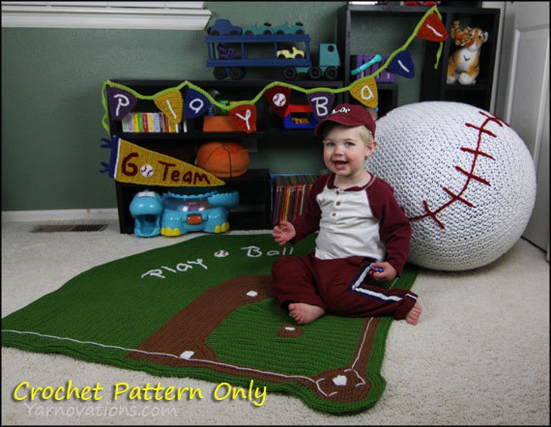 Play Ball Baseball Bean Bag Chair, Ball Diamond Baby Blanket, Bunting and Pennant CROCHET PATTERN image 2