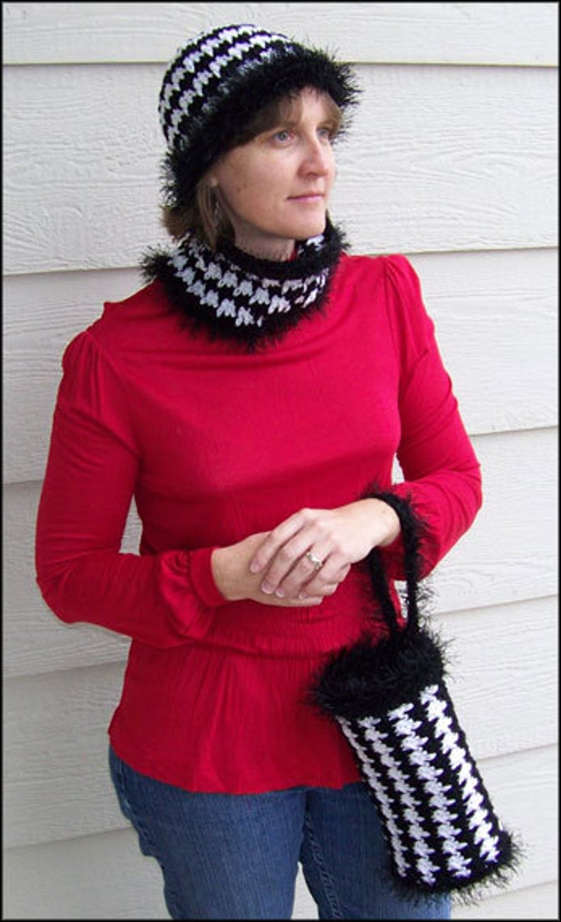 Houndstooth Trio Ladies Hat, Cowl, Muff CROCHET PATTERN image 2