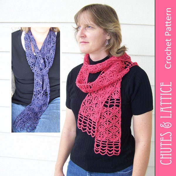 Chutes and Lattice - Lacy CROCHET PATTERN - Purple, pink, coral scarf