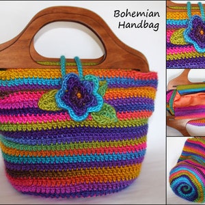 Bohemian Handbag crochet pattern bag with wooden handles and flower button Plus Bonus Purse Pattern image 4