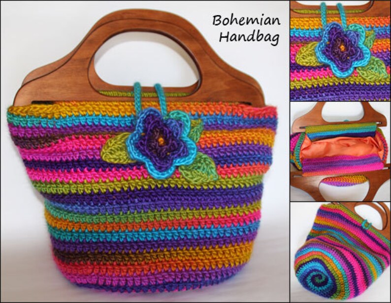 Bohemian Handbag crochet pattern bag with wooden handles and flower button Plus Bonus Purse Pattern image 4