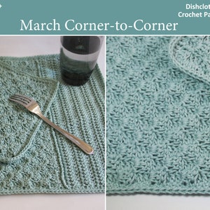 May include: A crochet dishcloth and placemat set in a light blue colour. The set is made using a corner-to-corner stitch pattern. The image shows the dishcloth and placemat laid out on a white surface with a fork on top of the placemat.