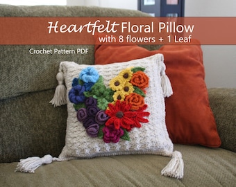 Heartfelt Throw Pillow - CROCHET PATTERN - Rainbow of Flowers in Heart Shape: daisy, rose, shell stitch, carnation - 8 flowers 1 leaf