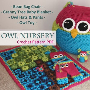 Owl Set CROCHET PATTERN PDF Bean Bag Chair, Hats, Pants, Tree Granny Square Blanket & Stuffed Animal Toy for Nursery, Newborn and Baby image 1