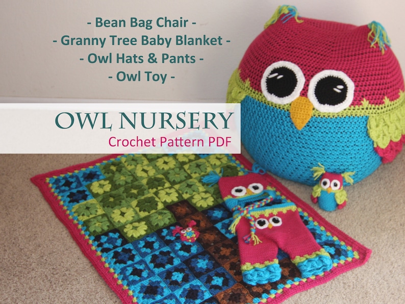 Owl Set CROCHET PATTERN PDF Bean Bag Chair, Hats, Pants, Tree Granny Square Blanket & Stuffed Animal Toy for Nursery, Newborn and Baby image 1