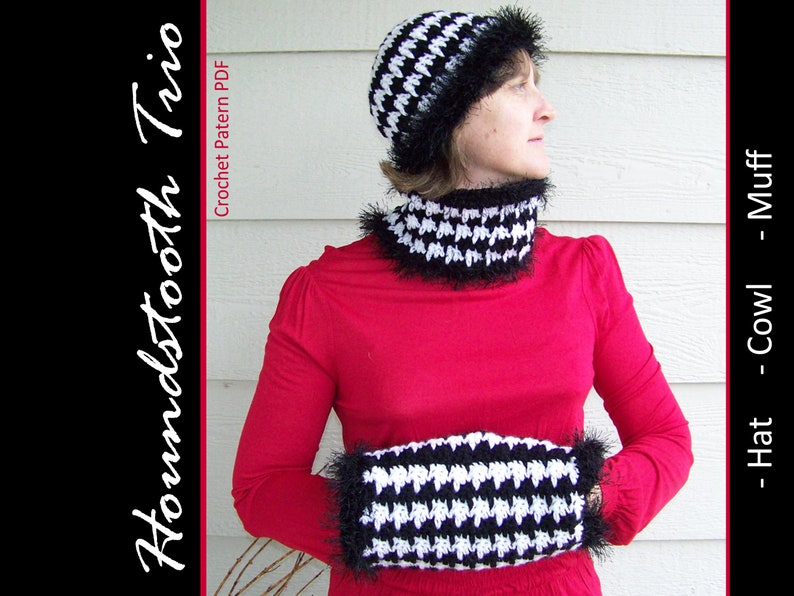 Houndstooth Trio Ladies Hat, Cowl, Muff CROCHET PATTERN image 1