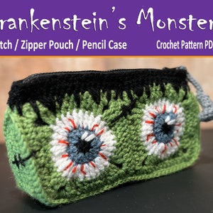 Bolso de mano del monstruo de Frankenstein PATRÓN DE GANCHILLO Estuche con cremallera Estuche para lápices Bolso de monstruo de Halloween Monedero Lateral cónico Fondo plano Autoportante