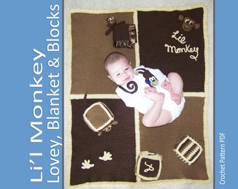 Lil Monkey Baby Blanket, Security Blanket Lovey and Toy Blocks Set - CROCHET PATTERN PDF Baby Shower Gift