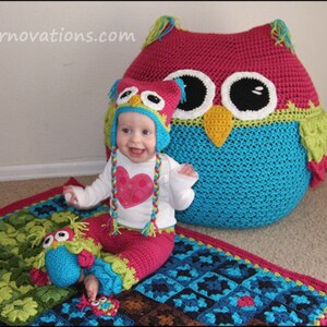 Owl Set CROCHET PATTERN PDF Bean Bag Chair, Hats, Pants, Tree Granny Square Blanket & Stuffed Animal Toy for Nursery, Newborn and Baby image 2