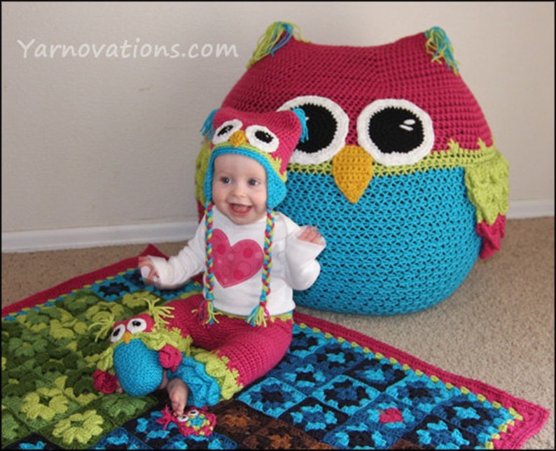 Owl Set CROCHET PATTERN PDF Bean Bag Chair, Hats, Pants, Tree Granny Square Blanket & Stuffed Animal Toy for Nursery, Newborn and Baby image 2