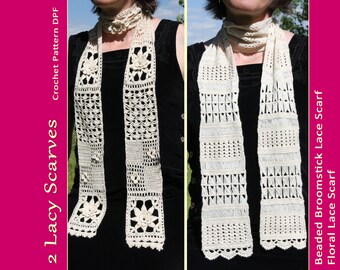 2 Lacy Scarves - Beaded Broomstick Lace and Floral Scarf - CROCHET PATTERN from Twins Face Off Design Challenge