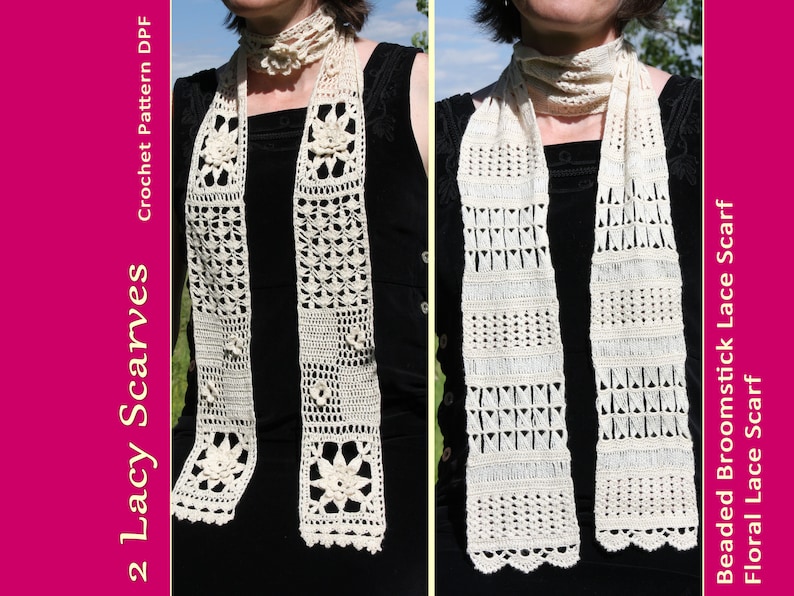 2 Lacy Scarves Beaded Broomstick Lace and Floral Scarf CROCHET PATTERN from Twins Face Off Design Challenge image 1