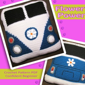 Groovy Campervan Pillow Crochet Pattern - Confident Beginner Pattern for VW Van Bus with Flower Power