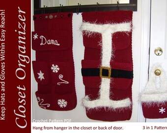 Hanging Closet Organizer 3 in 1 Crochet Pattern PDF Winter Christmas Storage for Hats Mittens Gloves Tote Shelf Shelves Pocket Organizer