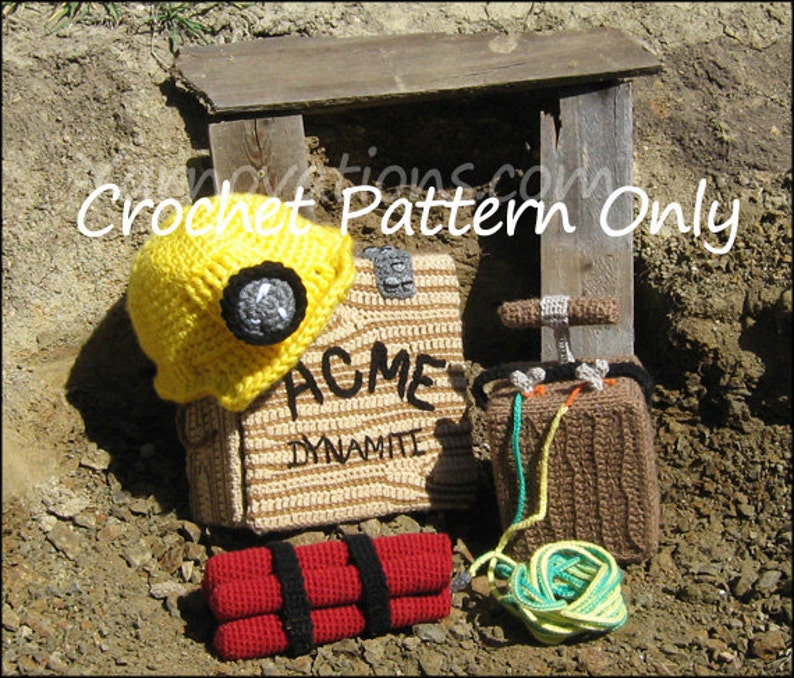 Coal Miner Helmet and Mining Set Crochet Pattern hard hat, dynamite, blasting box and acme storage box, great playtime and Halloween costume image 7