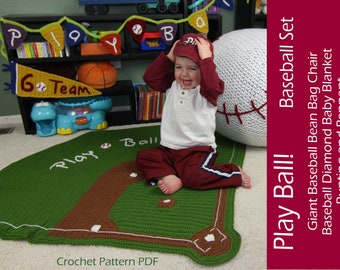 Play Ball Baseball Bean Bag Chair, Ball Diamond Baby Blanket, Bunting and Pennant - CROCHET PATTERN