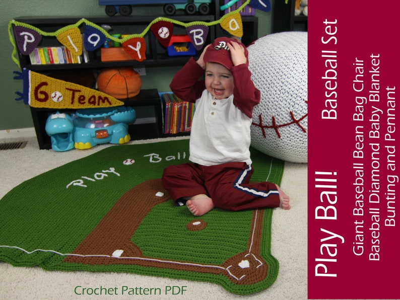 Play Ball Baseball Bean Bag Chair, Ball Diamond Baby Blanket, Bunting and Pennant CROCHET PATTERN image 1