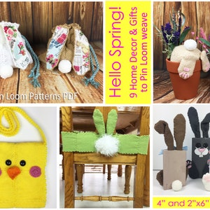 9 Spring Easter Home Decor and Gifts Pin Loom Pattern Set PDF Chicks Bunnies Bunny Rabbit purse chair tie back decor gift bags flower pot image 1