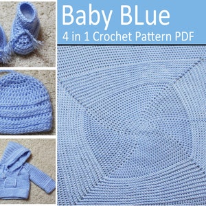 Baby Blue HDC Faux Stockinette Baby Set CROCHET PATTERN Baby Blanket Sweater Hoodie Booties Hat Beanie Faux Knit image 1