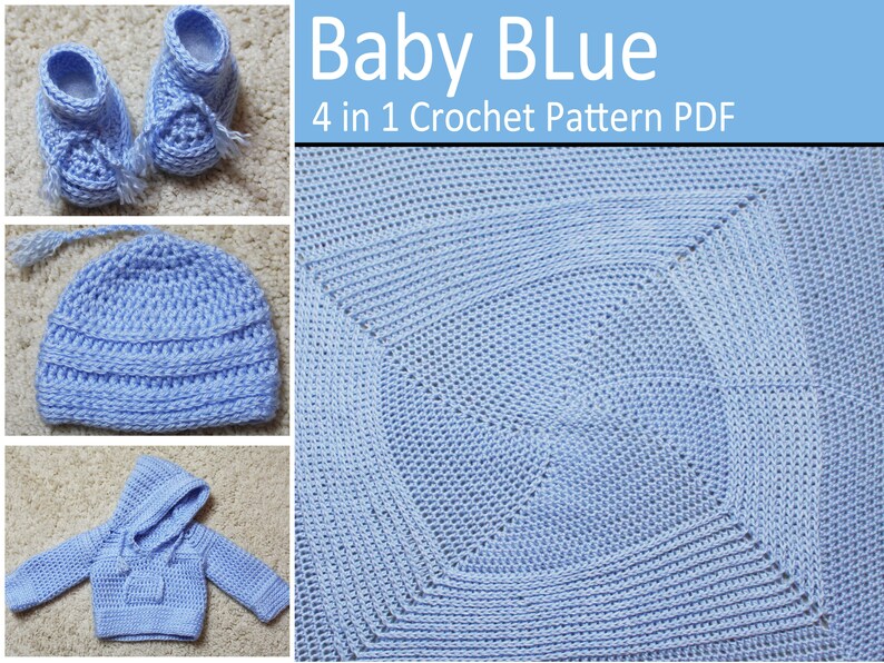 Baby Blue HDC Faux Stockinette Baby Set CROCHET PATTERN Baby Blanket Sweater Hoodie Booties Hat Beanie Faux Knit image 1