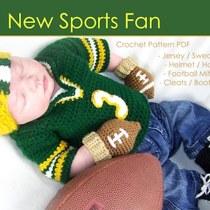 Newborn Baby Football Outfit - Helmet Hat Mitts Cleats Booties Jersey Sweater Crochet Pattern PDF - Includes Hats for the Whole Family