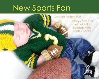 Newborn Baby Football Outfit - Helmet Hat Mitts Cleats Booties Jersey Sweater Crochet Pattern PDF - Includes Hats for the Whole Family