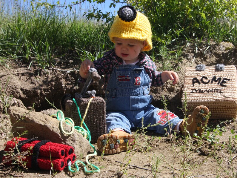 Coal Miner Helmet and Mining Set Crochet Pattern hard hat, dynamite, blasting box and acme storage box, great playtime and Halloween costume image 3