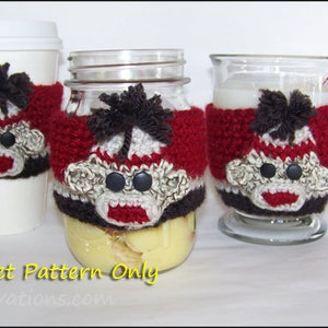 Sock Monkey Toys and Gifts: 2 Cup Cozy Designs, Christmas Ornament, Stuffed Animal Crochet Pattern Cozy for Mason Jar Mug Tapered Glass image 5